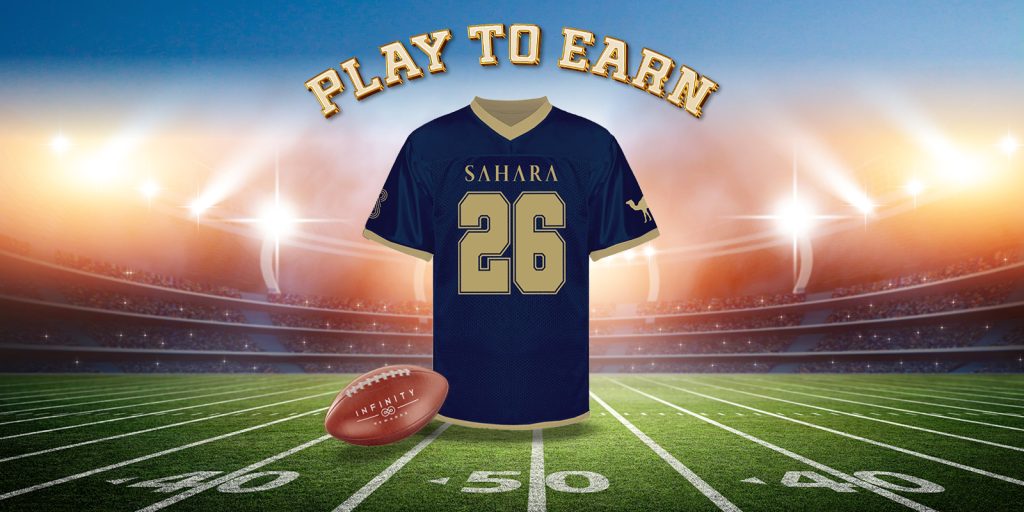 play to earn sahara jersey creative with a football theme