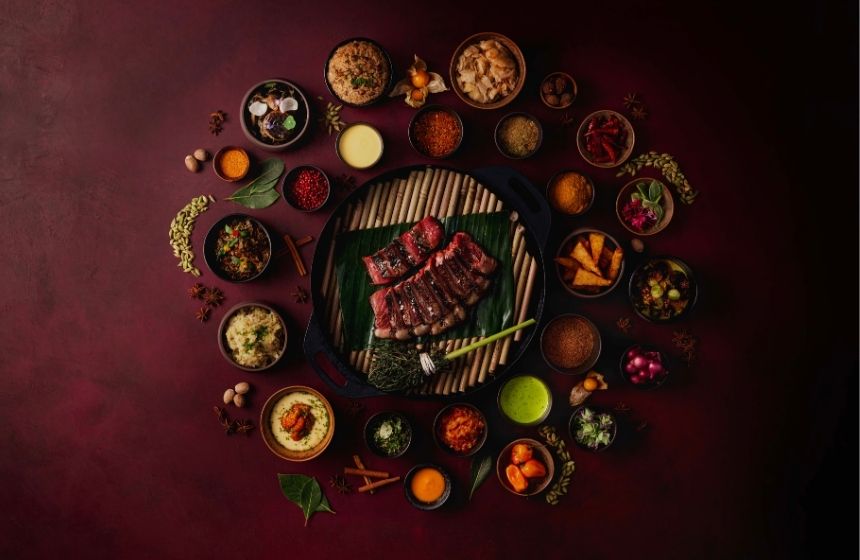 Cut beef tablescape shot of food at Maroon