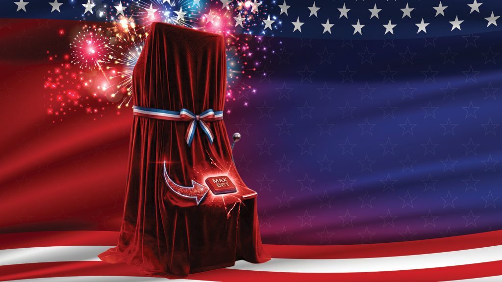 independence day free slot play creative showing a slot machine