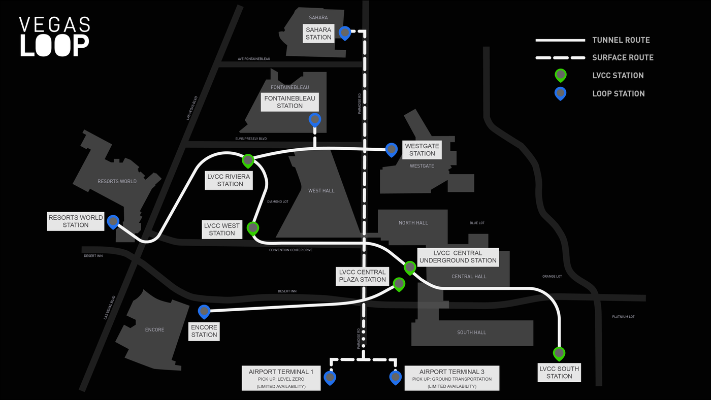 Vegas Loop route map showing the SAHARA Las Vegas station and its connections to the Las Vegas Convention Center campus, Resorts World Las Vegas, Westgate Las Vegas, Encore at Wynn Las Vegas, Fontainebleau Las Vegas, and Harry Reid International Airport.